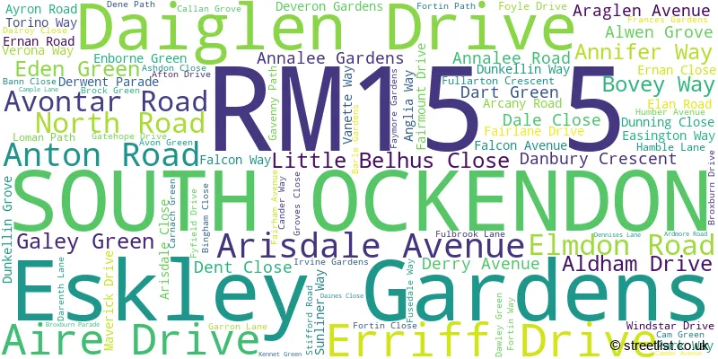 A word cloud for the RM15 5 postcode